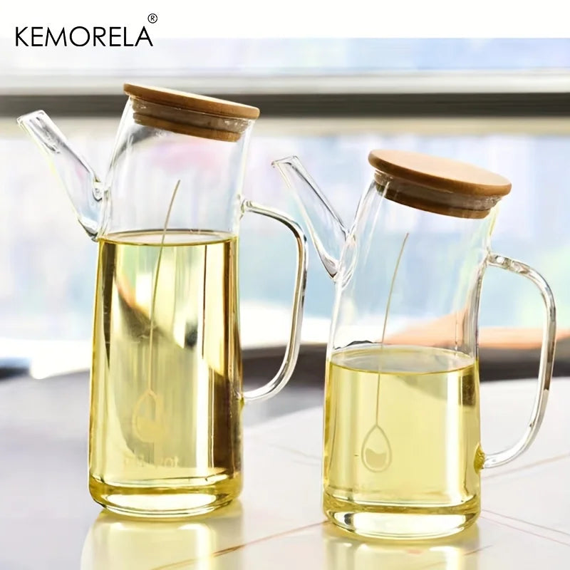 Glass Olive Oil Dispenser Bottle with Bamboo Lid & Handle