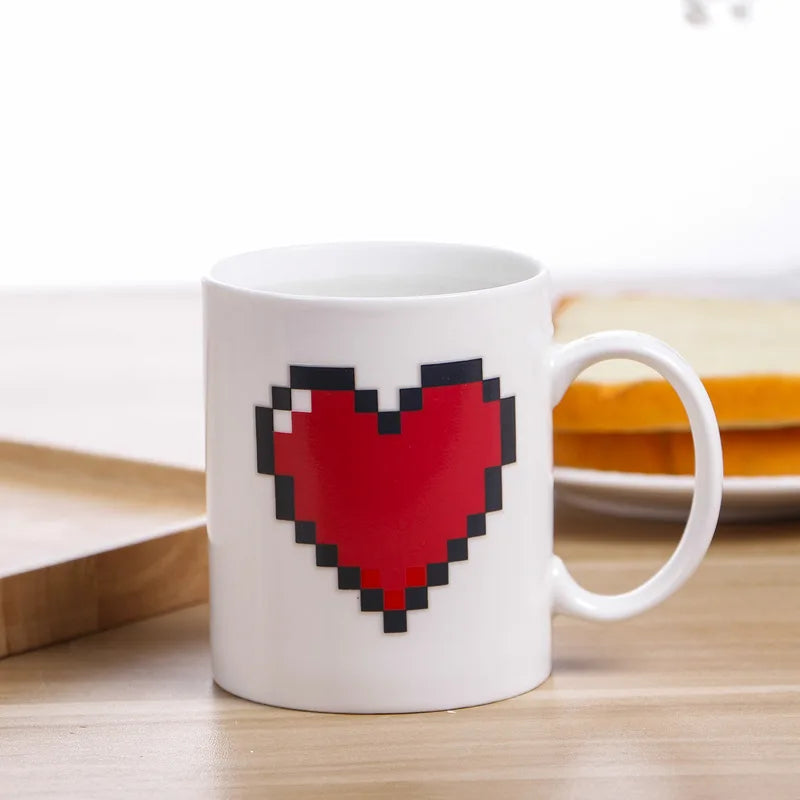 Heat-Sensitive Color-Changing Pixel Heart Ceramic Mug (350ml)