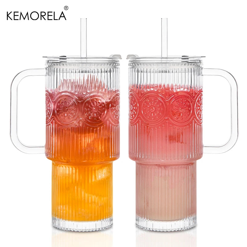 Ribbed Glass Tumbler with Handle, Lid & Glass Straw (600ml)