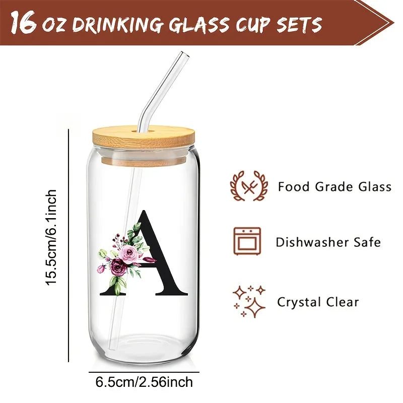Personalized Initial Letter Glass Can Cup with Bamboo Lid & Straw (500ml)