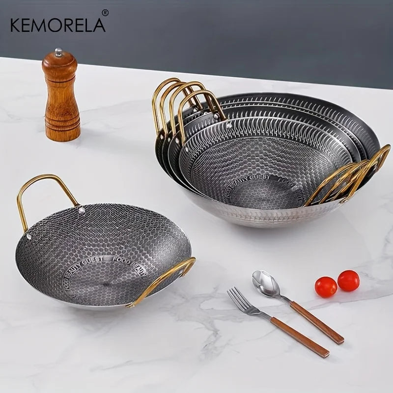 Hammered Carbon Steel Wok with Gold Handles (30/32/34cm)