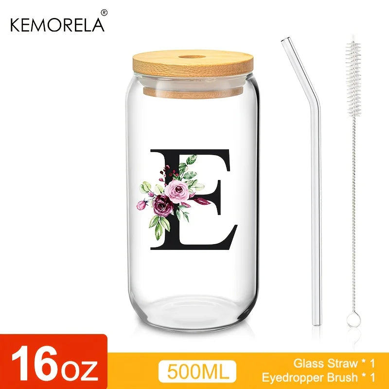 Personalized Initial Letter Glass Can Cup with Bamboo Lid & Straw (500ml)