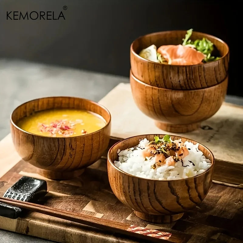 Natural Teak Wood Round Soup & Rice Bowl (2 Sizes, Set Options)