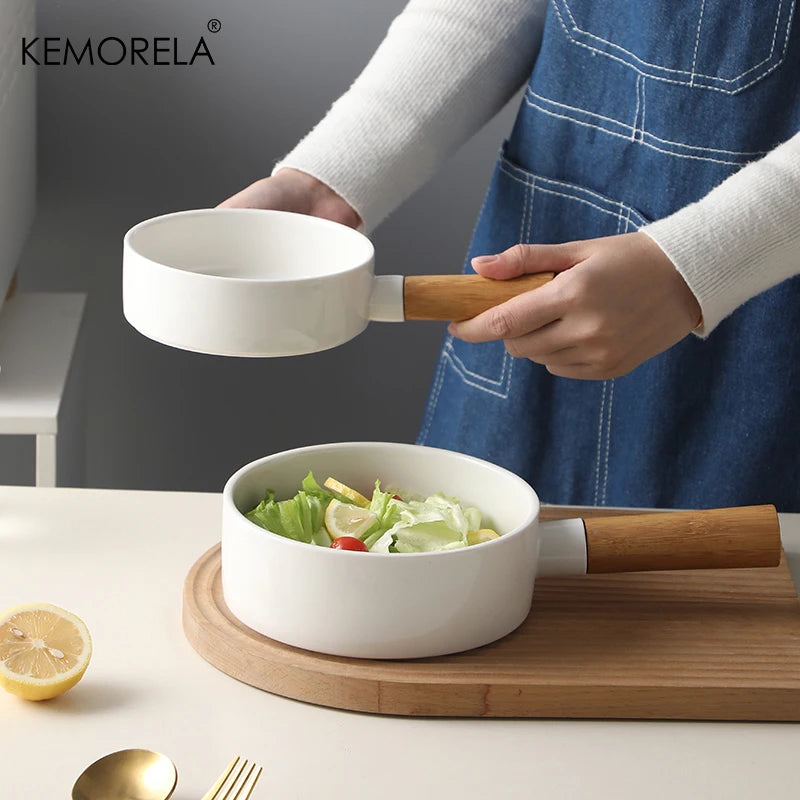 Matte White Ceramic Sauce Pan with Bamboo Handle (14/16cm)