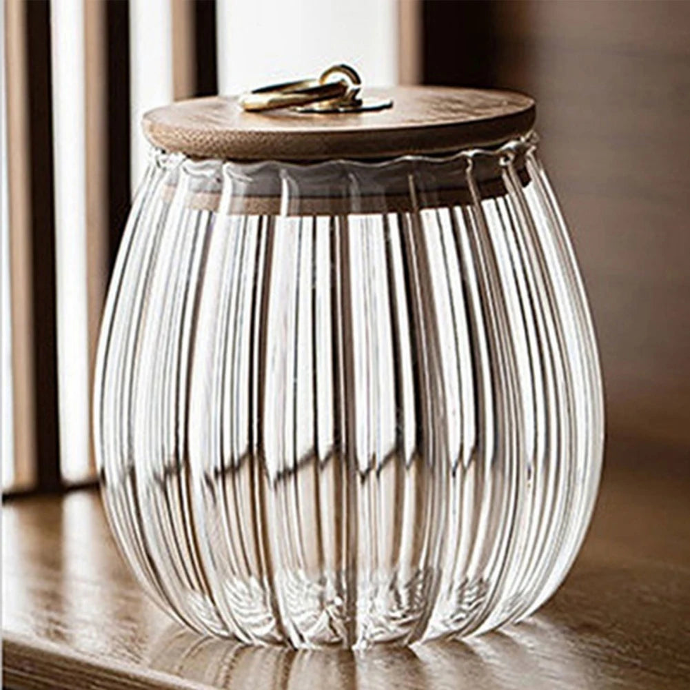 Ribbed Glass Jar with Bamboo Lid & Gold Ring
