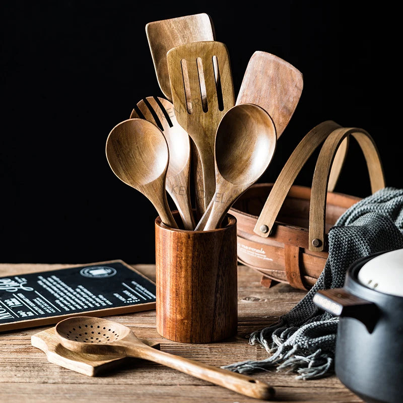 9-Piece Teak Wooden Utensil Set with Holder