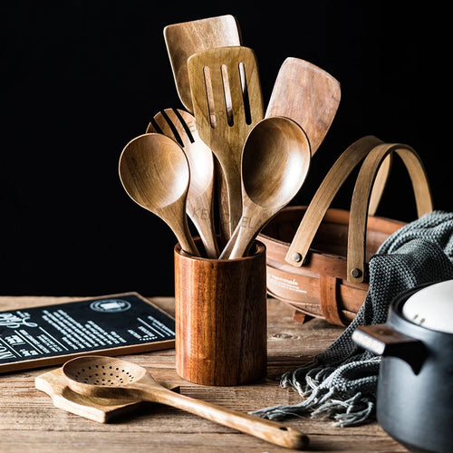 9-Piece Teak Wooden Utensil Set with Holder