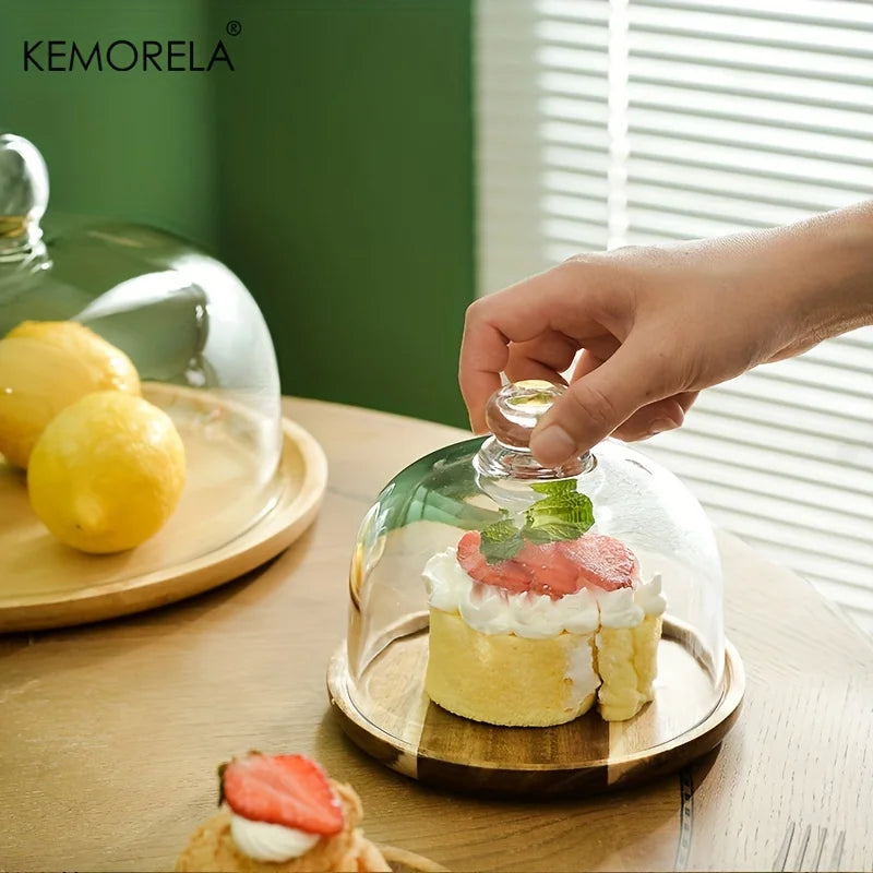 Wooden Cake Stand with Glass Dome Cover