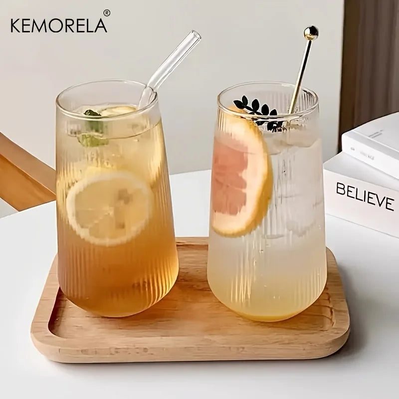 Ribbed Glass Cup with Bamboo Lid & Straw (Set of 2)