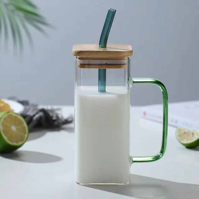 Square Glass Mug with Handle, Bamboo Lid & Straw (400ml)
