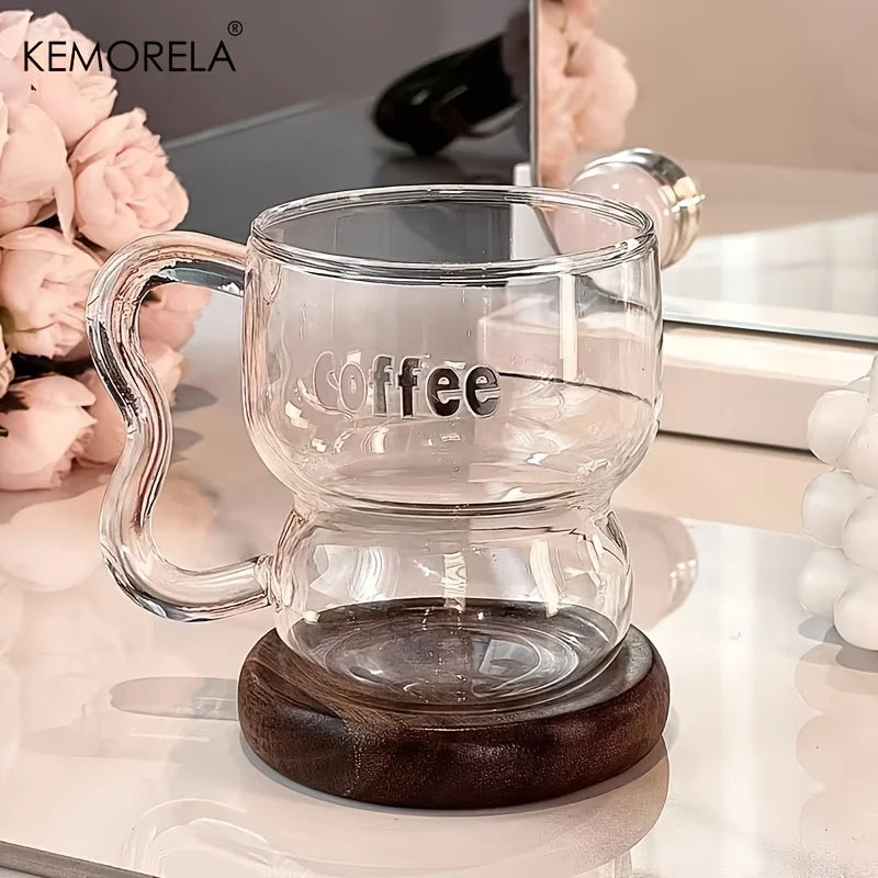 Wavy Glass Coffee Mug with Round Wood Handle & Saucer (250/350ml)