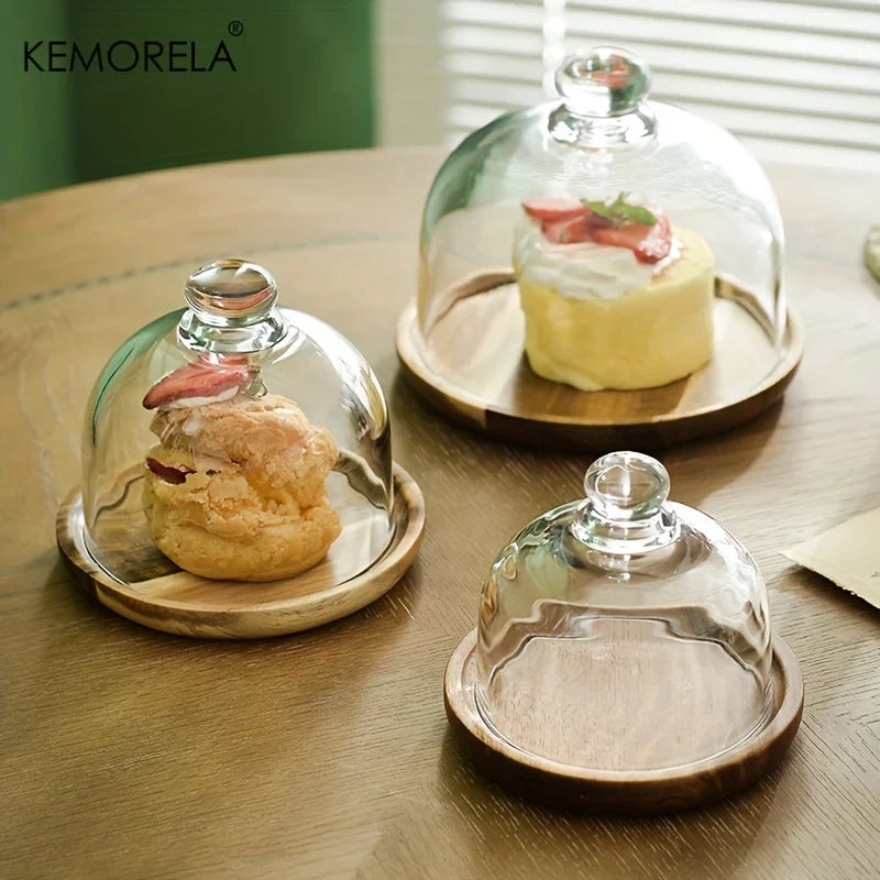 Wooden Cake Stand with Glass Dome Cover