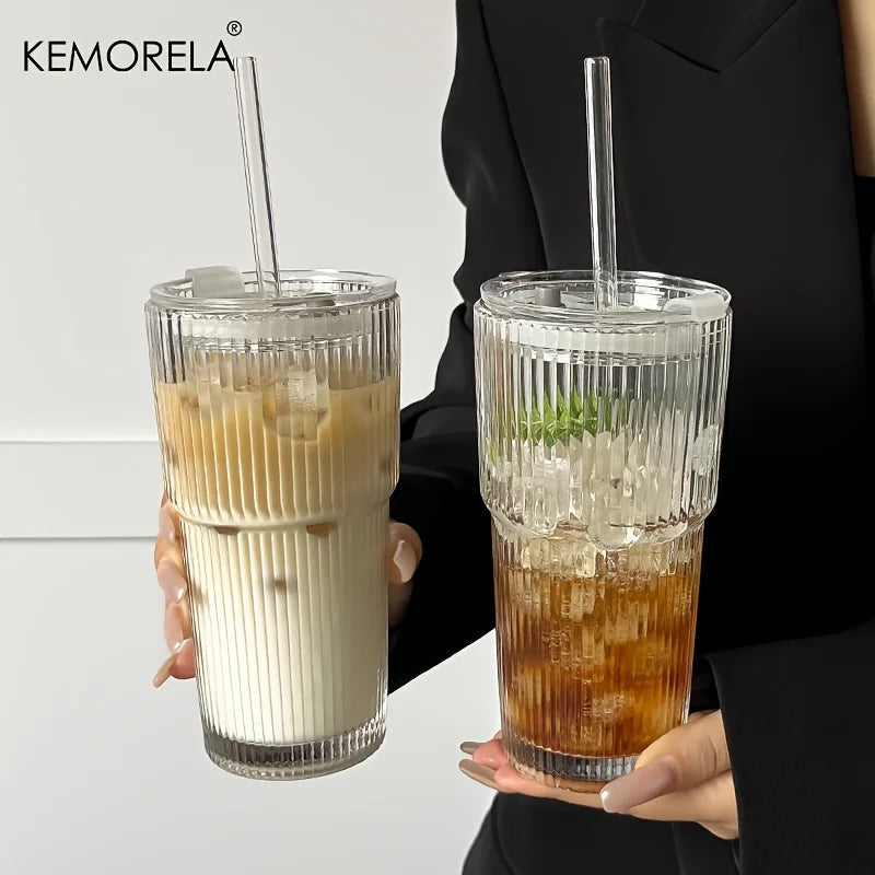 Large Ribbed Glass Cup with Lid & Straw