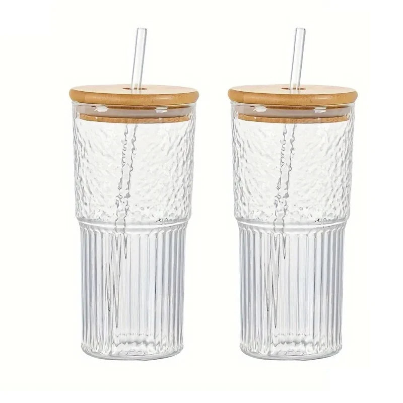 Dual-Texture Ribbed Glass Cup with Bamboo Lid & Straw