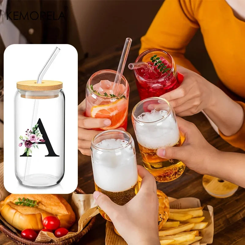 Personalized Initial Letter Glass Can Cup with Bamboo Lid & Straw (500ml)