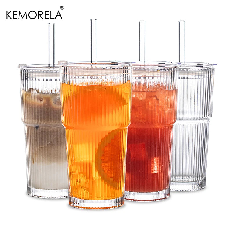 Large Ribbed Glass Cup with Lid & Straw