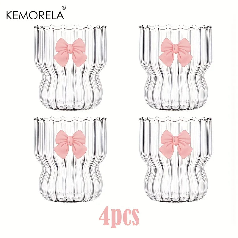 Wavy Ribbed Glass Tumbler with Pink Bow Accent (Set of 2/4/6, 400ml)
