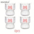 Wavy Ribbed Glass Tumbler with Pink Bow Accent (Set of 2/4/6, 400ml)