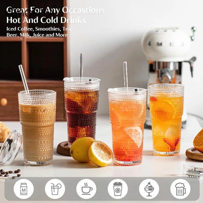 Hobnail Glass Cup with Lid & Straw 600ml (1-2pcs)