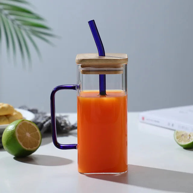 Square Glass Mug with Handle, Bamboo Lid & Straw (400ml)