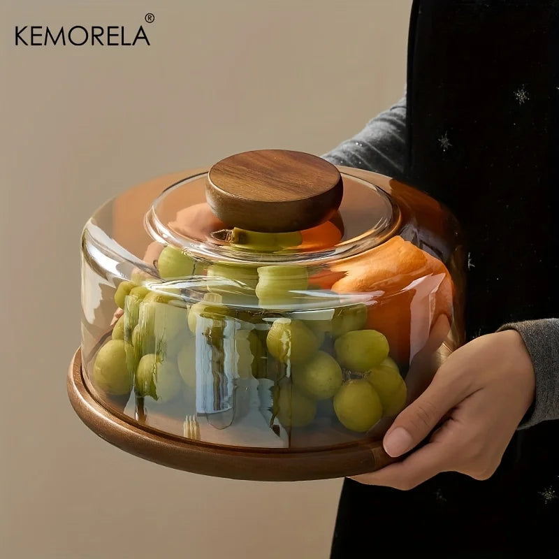Glass Cake Stand with Walnut Wood Base & Dome