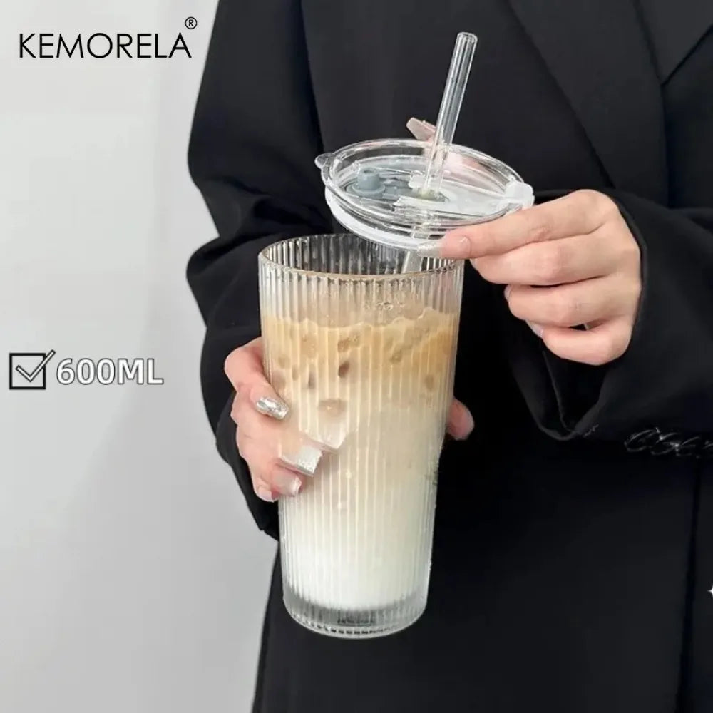 Tall Ribbed Glass Tumbler with Lid & Glass Straw (500/700ml)