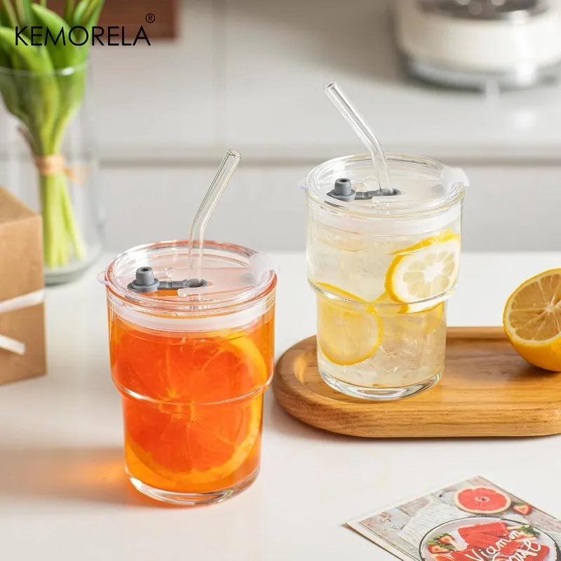 Wide-Mouth Glass Cup with Clear Lid & Bent Glass Straw