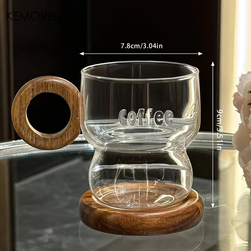 Wavy Glass Coffee Mug with Round Wood Handle & Saucer (250/350ml)