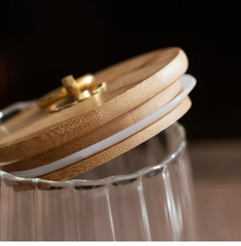 Ribbed Glass Jar with Bamboo Lid & Gold Ring