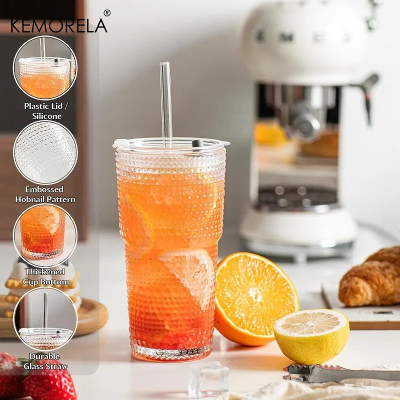 Hobnail Glass Cup with Lid & Straw 600ml (1-2pcs)