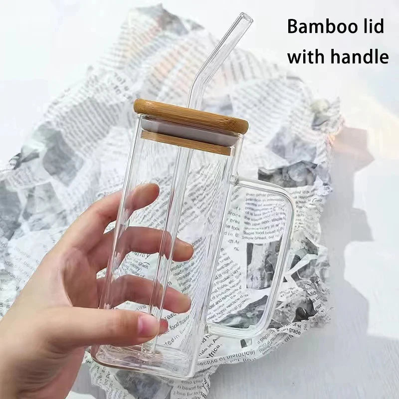 Square Glass Cups with Lids & Straws (6pcs)
