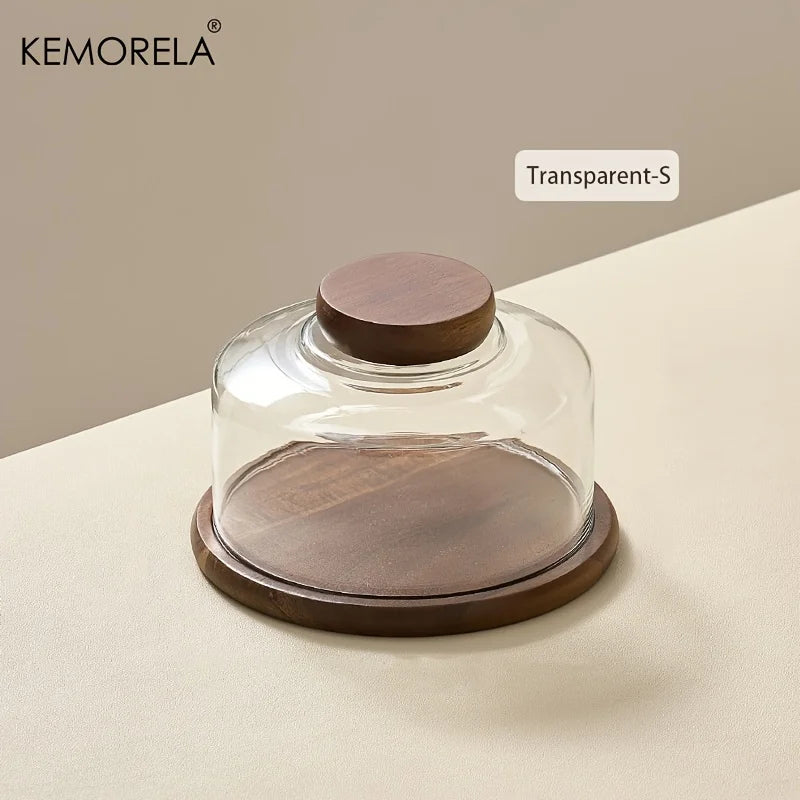 Glass Cake Stand with Walnut Wood Base & Dome
