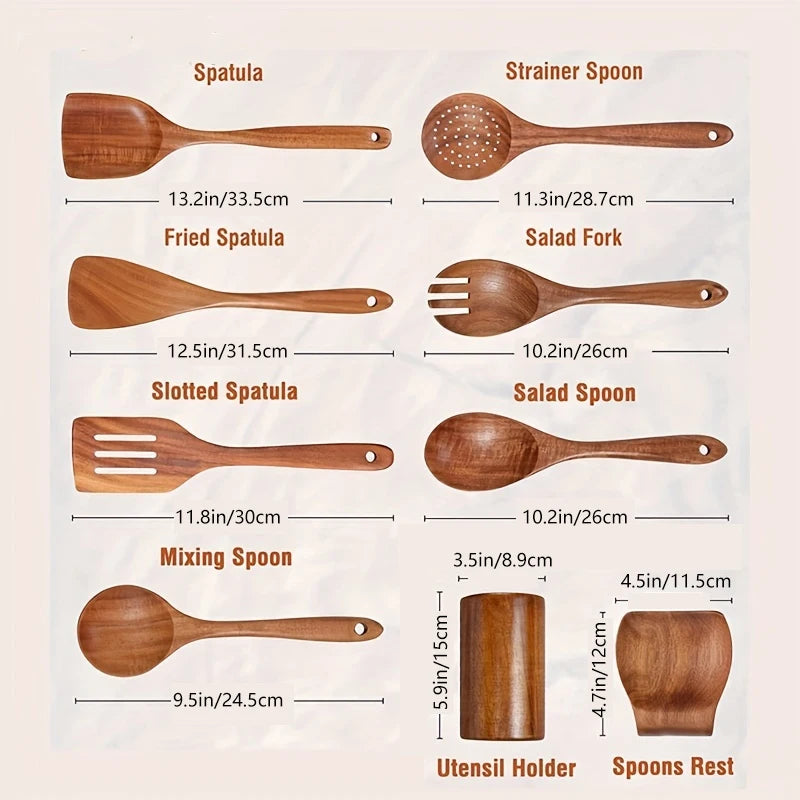 9-Piece Teak Wooden Utensil Set with Holder