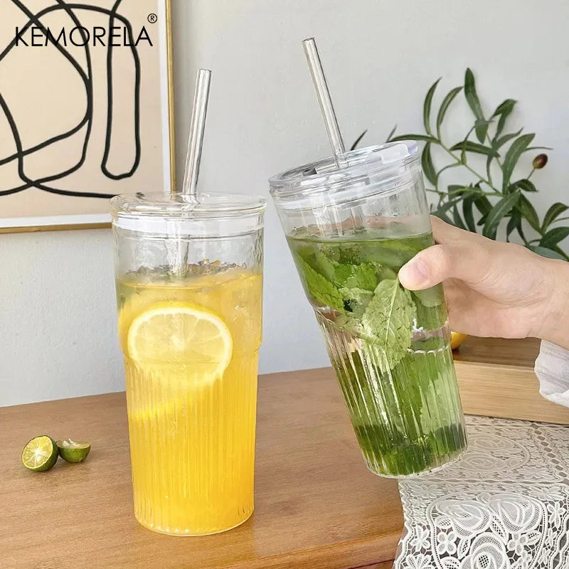 Tall Ribbed Glass Tumbler with Flip Lid & Glass Straw (650ml)