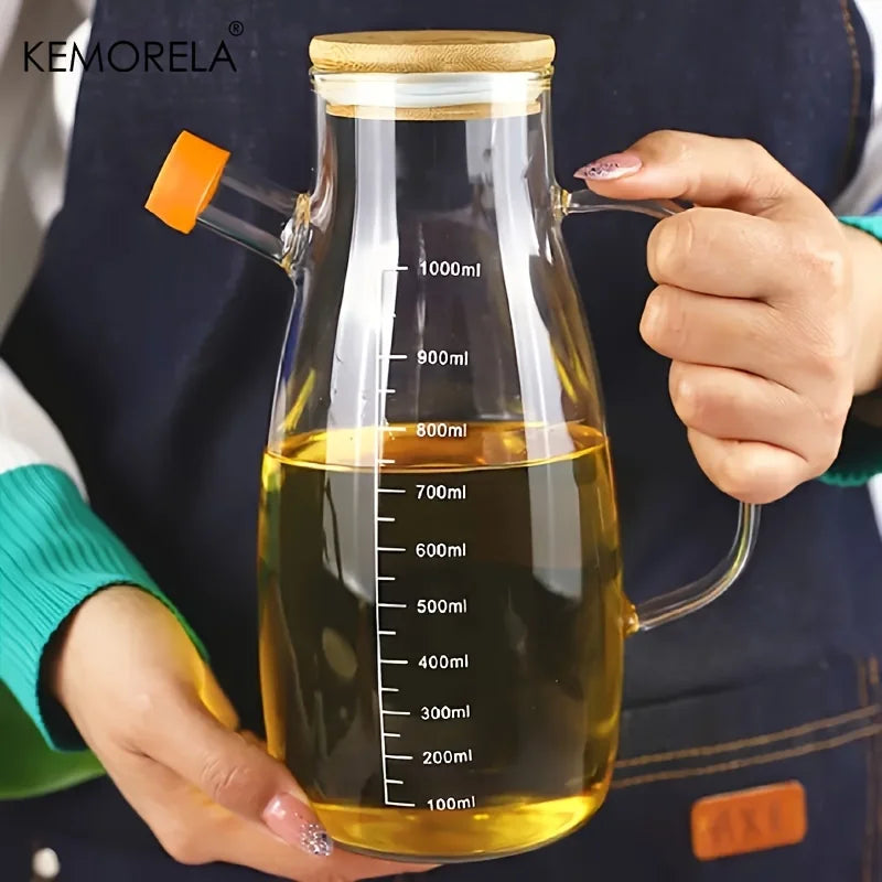 Glass Oil Dispenser with Bamboo Lid & Measurement Scale (1L)