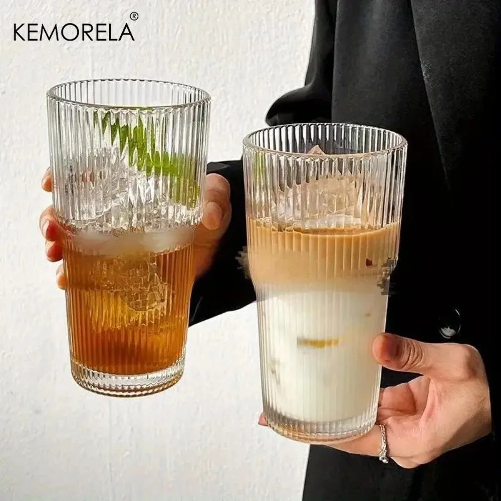 Tall Ribbed Glass Tumbler with Lid & Glass Straw (500/700ml)