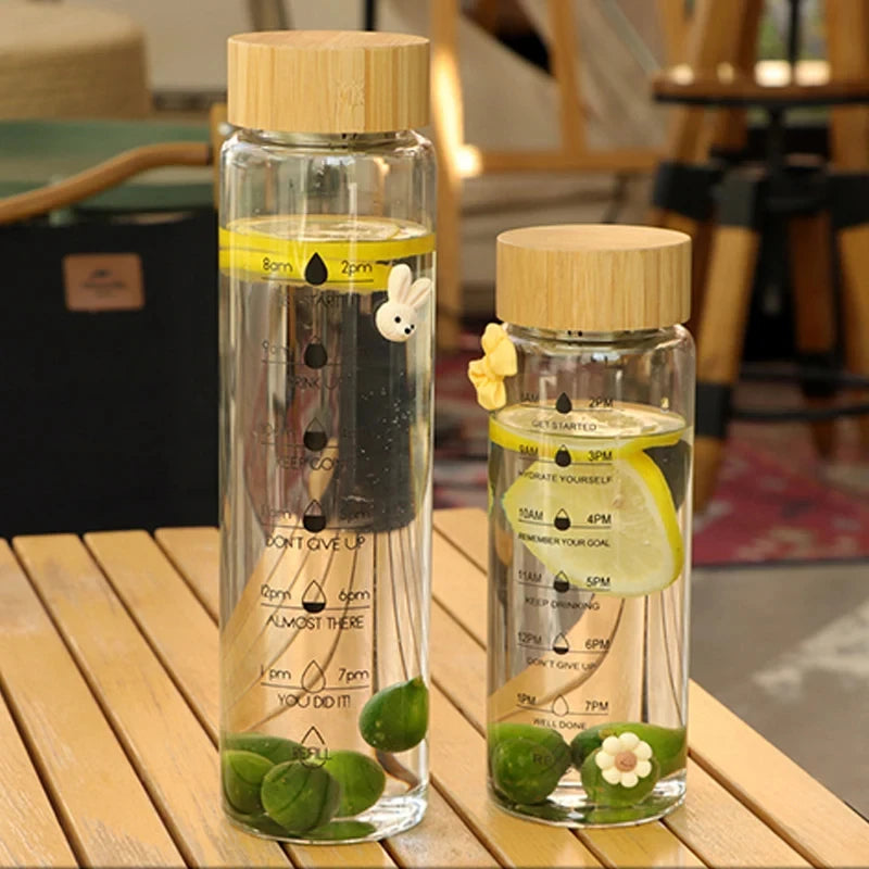 Time-Marked Glass Water Bottle with Bamboo Lid (550ml)