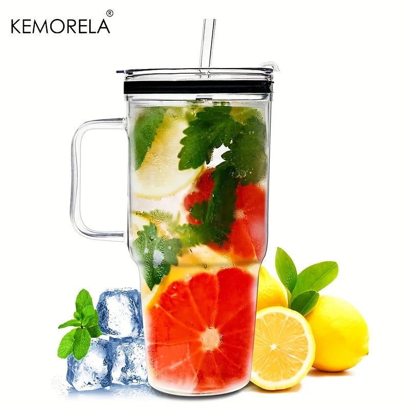 Large Glass Tumbler with Handle, Lid & Straw — Set of 2