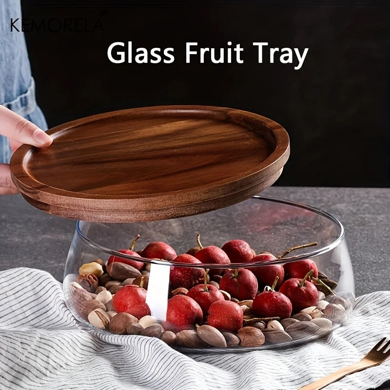 Large Clear Glass Bowl with Walnut Wood Lid