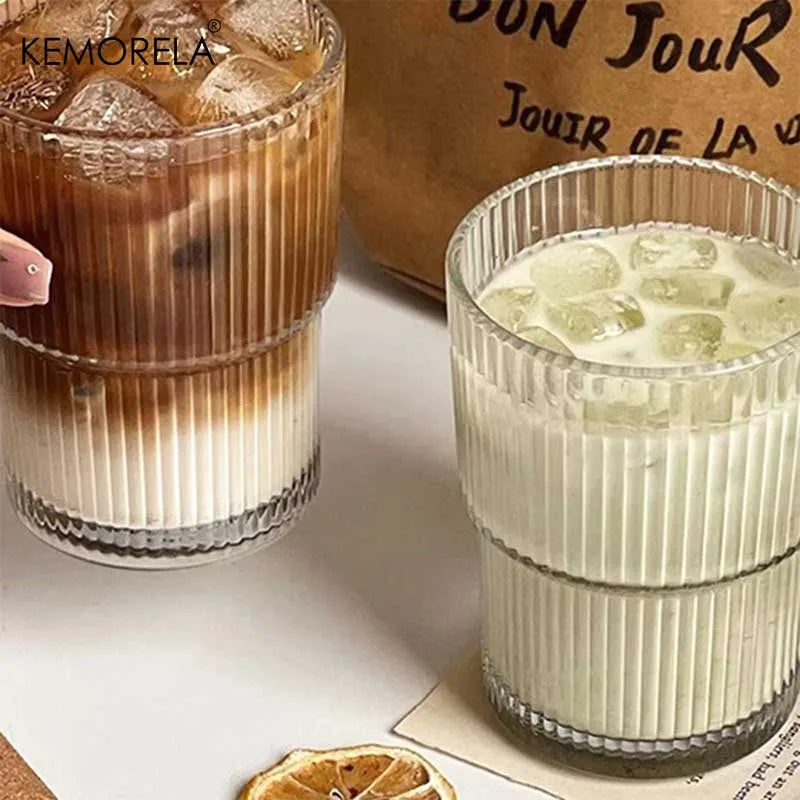 Ribbed Glass Cup with Lid & Glass Straw