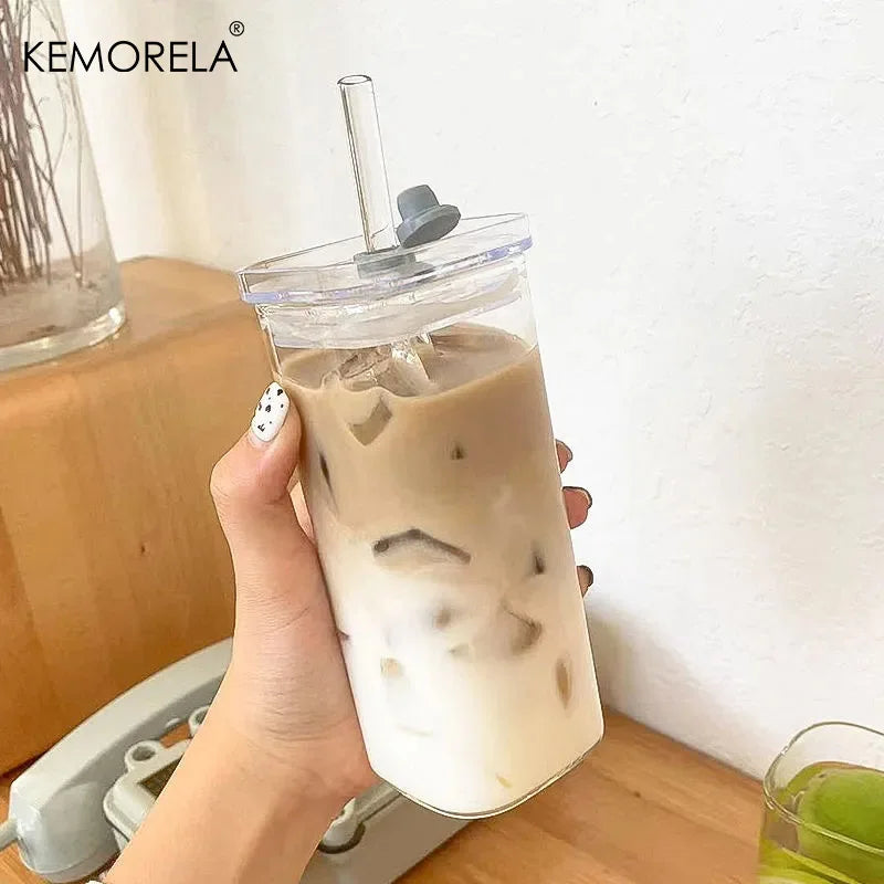 Square Glass Cups with Lids & Straws (6pcs)