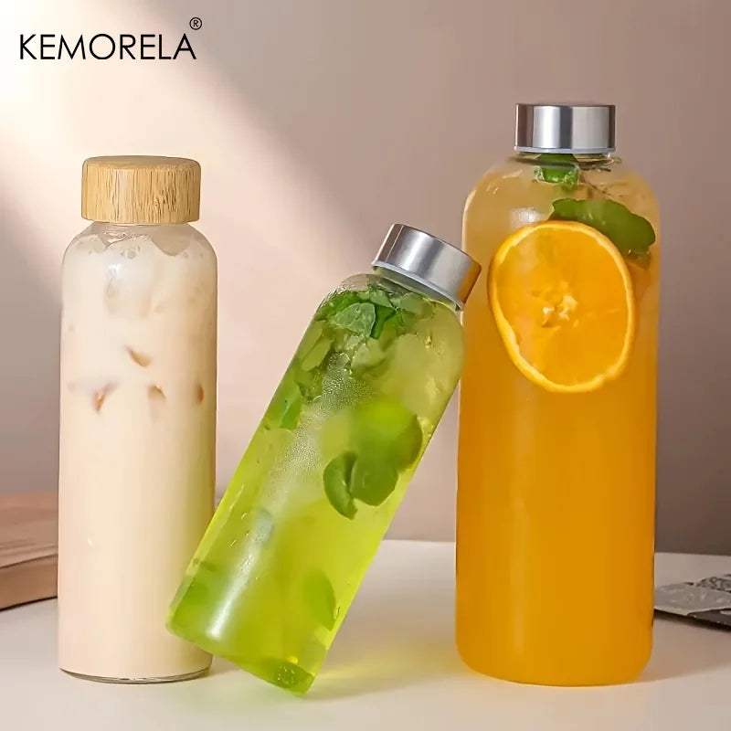 Portable Borosilicate Glass Water Bottle with Bamboo Lid & Cleaning Brush (500/700ml)
