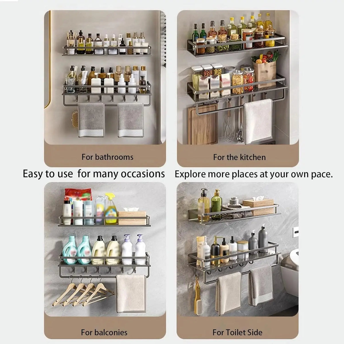 No-Drill Shower Wall Shelf with Hooks