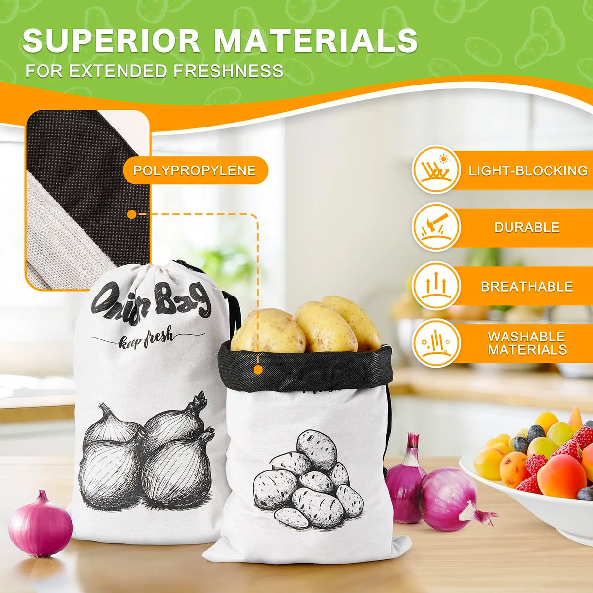 Reusable Vegetable Storage Bags with Light-Blocking Liner