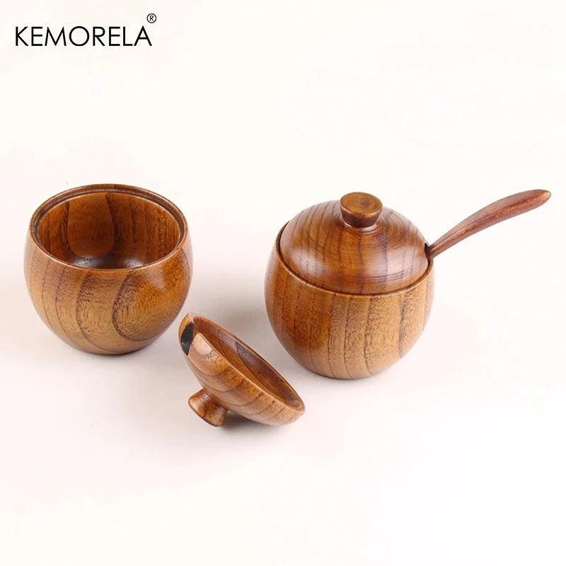 Round Solid Wood Spice Jar with Lid & Long Spoon (Set of 2)