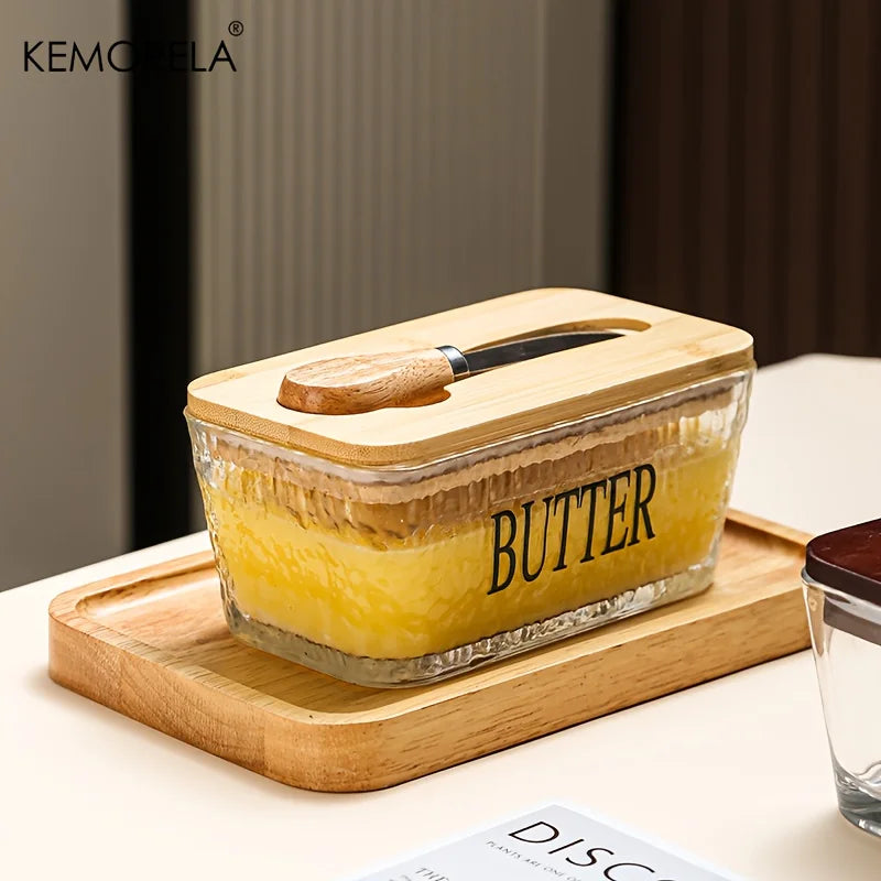 Ribbed Glass Butter Dish with Bamboo Lid