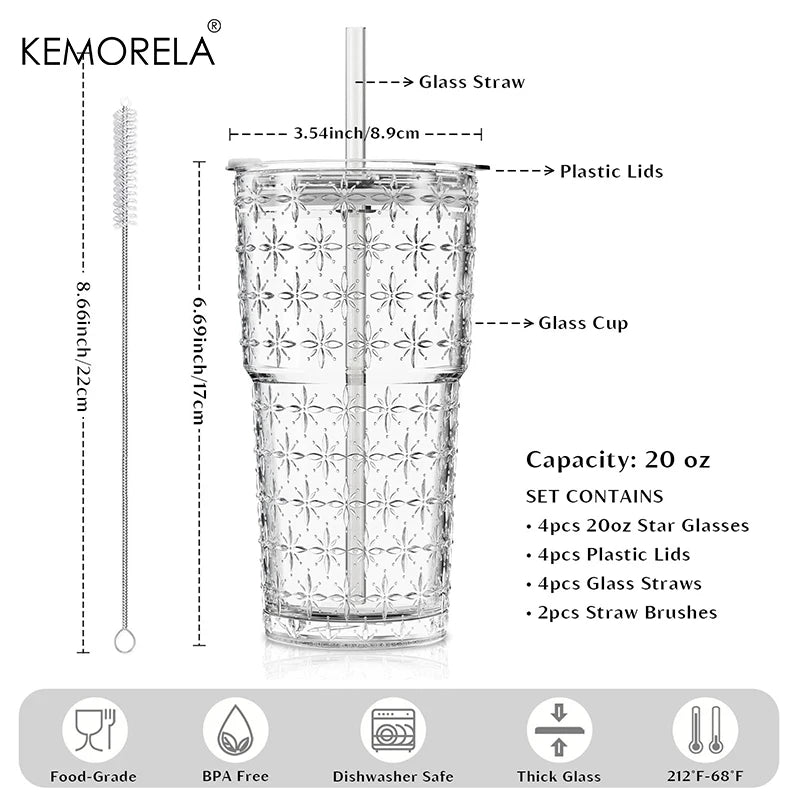Star-Textured Glass Cup with Lid & Straw (1-2pcs)