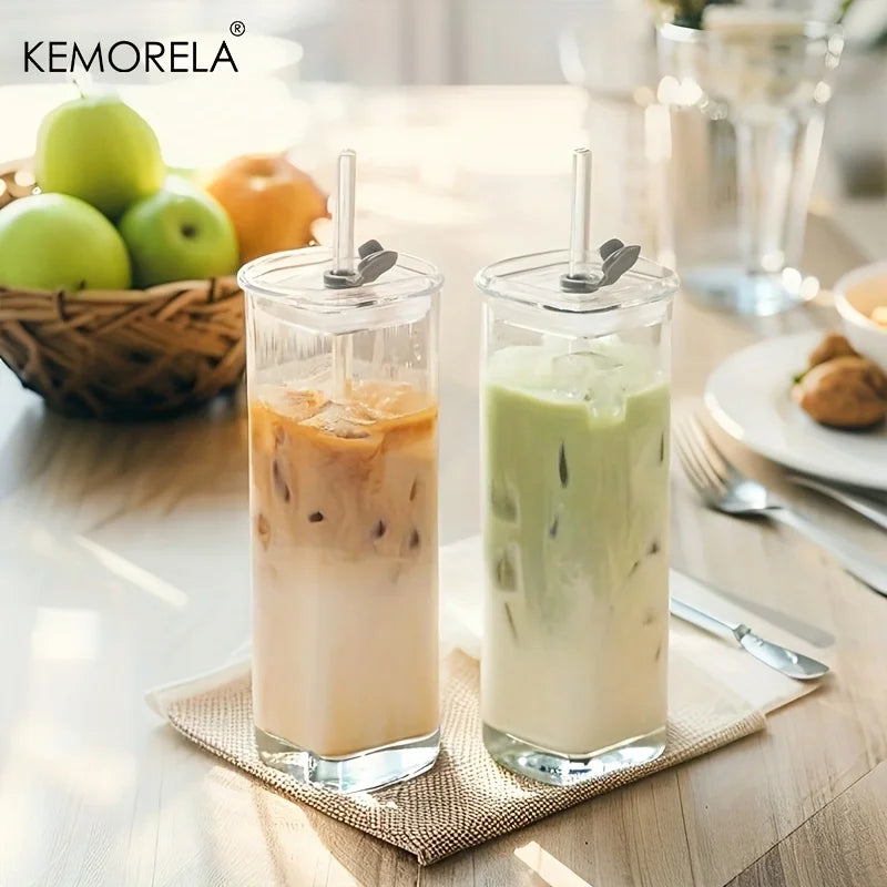 Tall Square Glass Cup with Flip Lid & Straw