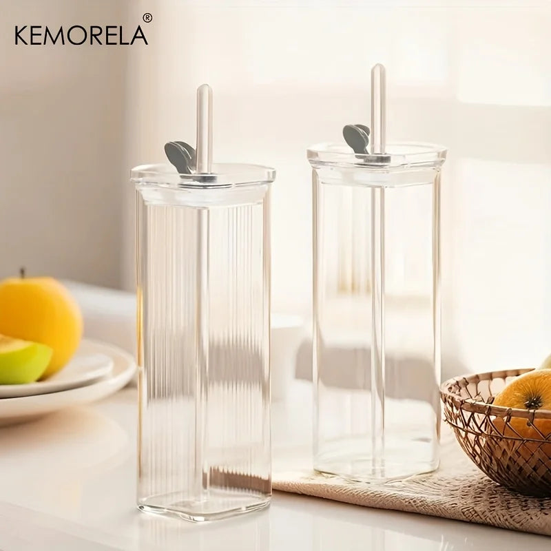 Tall Square Glass Cup with Flip Lid & Straw