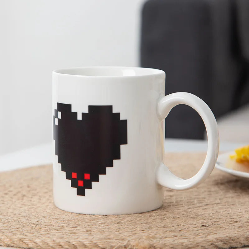 Heat-Sensitive Color-Changing Pixel Heart Ceramic Mug (350ml)
